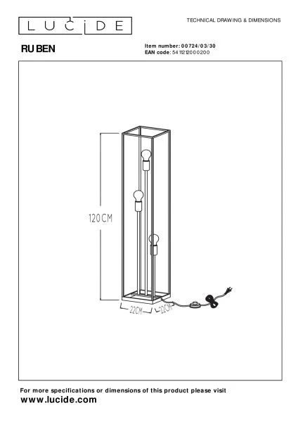 Lucide RUBEN - Lampadaire - 3xE27 - Noir - TECHNISCH